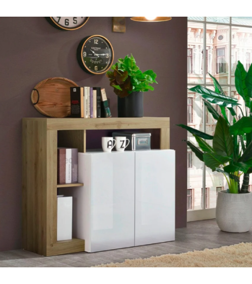 Buffet HAMBURG – Blanc laqué brillant / Chêne Cadiz